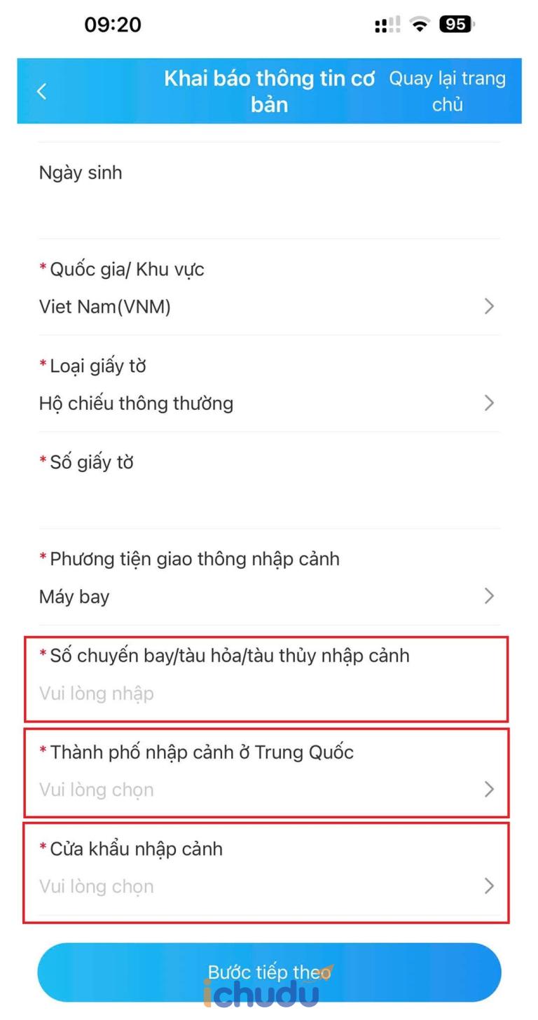Điền số hiệu chuyến bay, thành phố và cửa khẩu nhập cảnh Trung Quốc