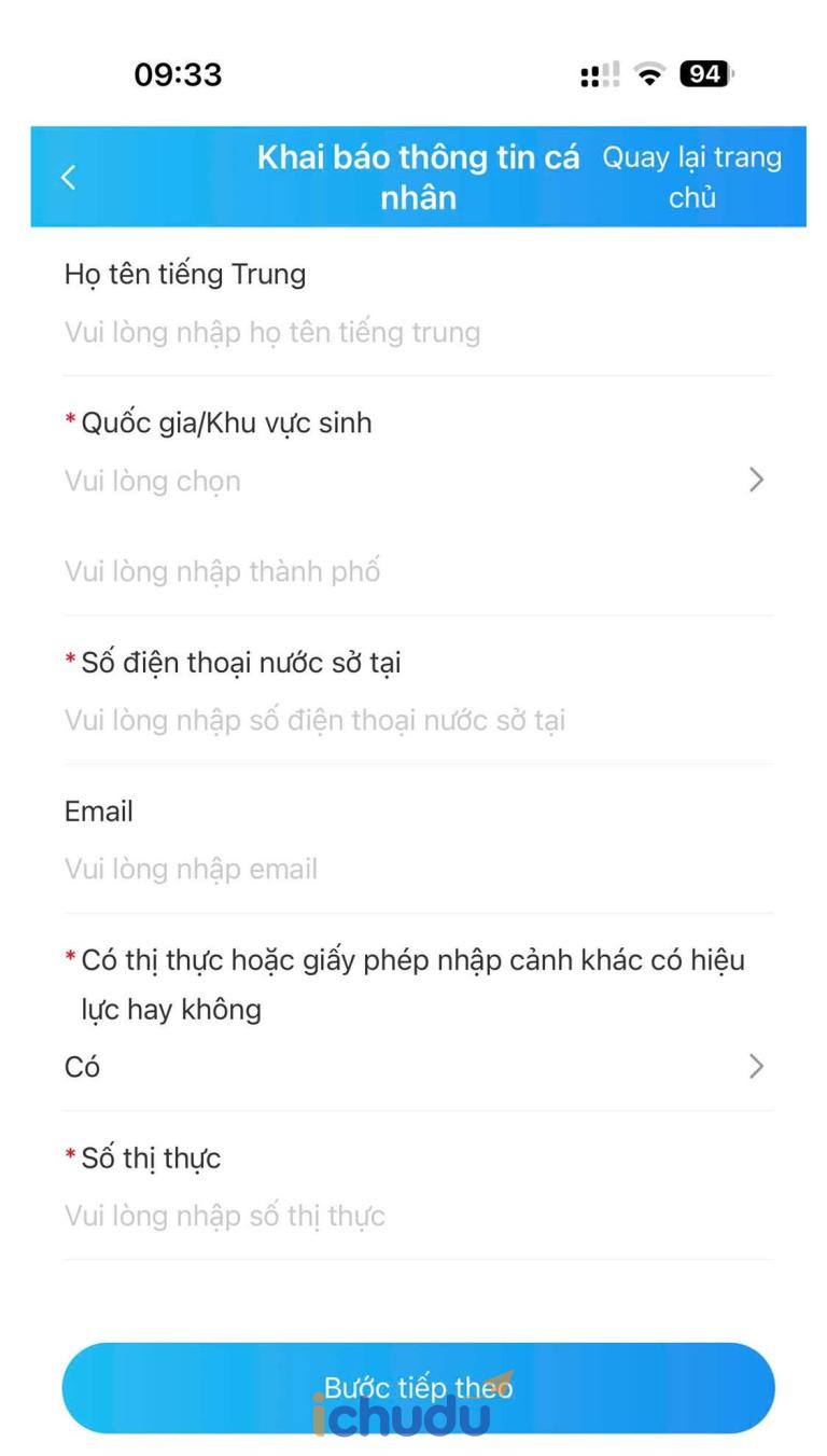 Điền thông tin liên hệ và số visa Trung Quốc